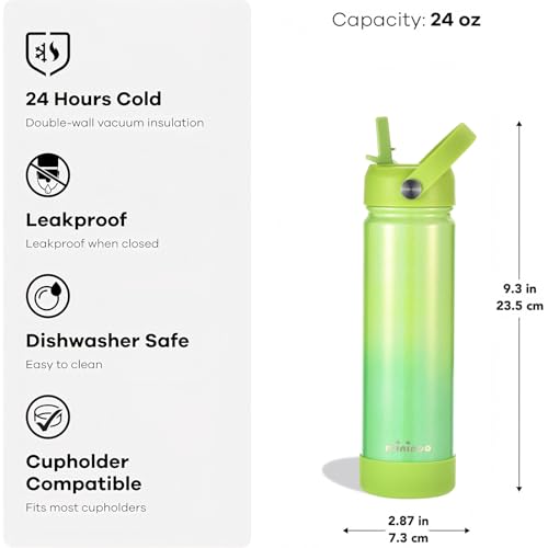 Insulated Stainless Steel Water Bottle with Straw, Ceramic-Lined, BPA-Free & Leak-Proof, 24 oz, Neon Dew