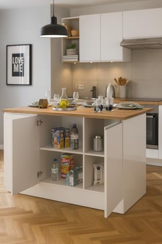 Isola da cucina Patrizio, Armadio multiuso, Mobile per cucinotto, Tavolo ausiliario, 100% Made in Italy, 155x90h90 cm, Bianco lucido e Rovere