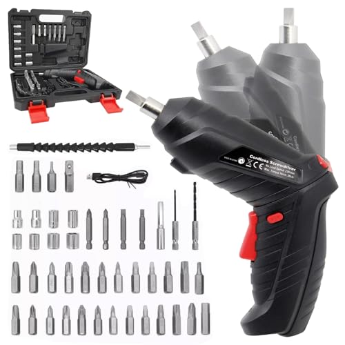 Image of Electric Cordless Screwdriver 3.6V, 47Pcs Screwdriver Set | Rotatable Handle (90-180), with Integrated LED Lighting, Portable and Rechargeable, for Home, DIY, Decoration, Black