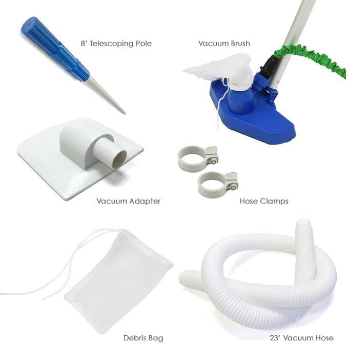 Funsicle Deluxe Pool Cleaning Maintenance Kit components including telescopic pole, vacuum brush, vacuum adapter, hose clamps, debris bag, and vacuum hose.