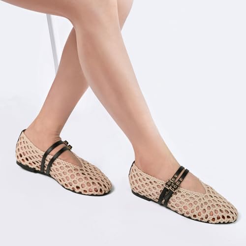 Image of Women's Woven Mary Jane Flats - Mesh Ballet Flats with Adjustable Double Metal Buckle Strap and Round Toe