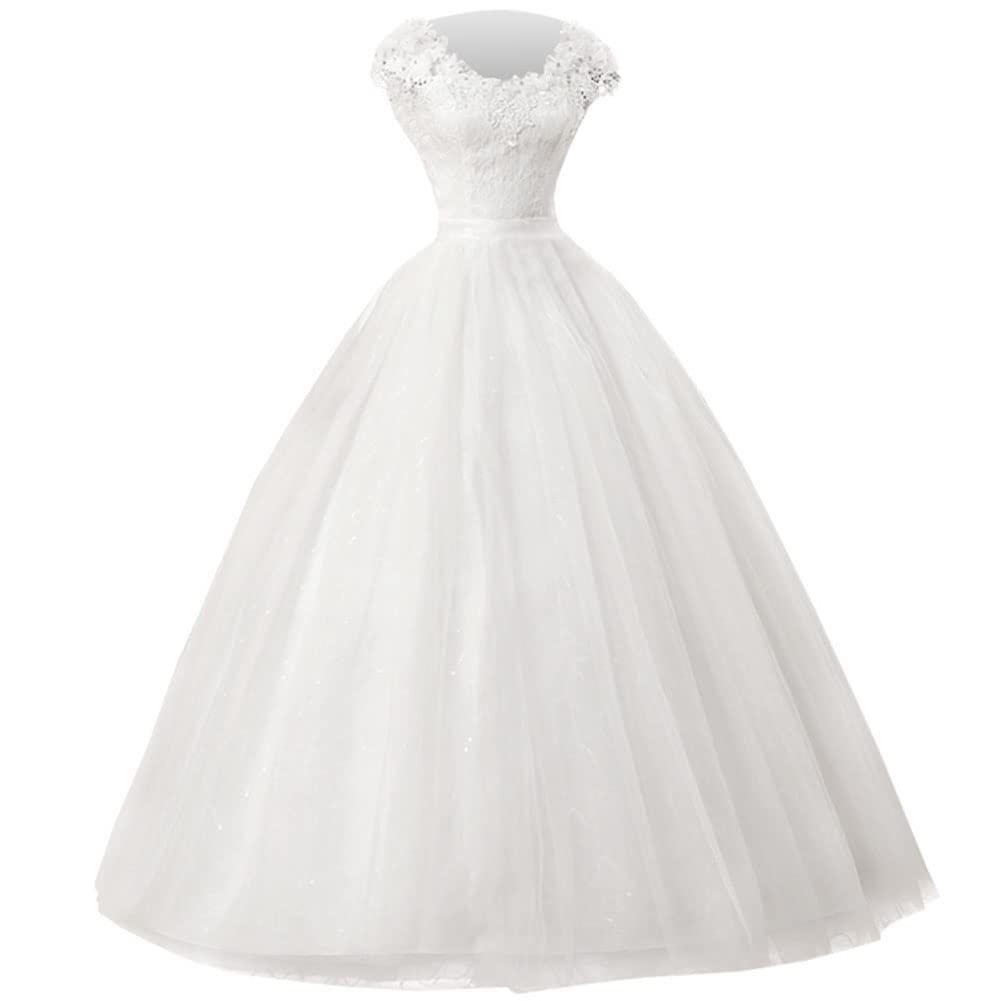GUOCU Robe de Mariée Femme Asymétrique Dentelle Longue A Line Taille Empire Élégante Tulle Robe de Mariage en Double V-Col Et Manches Courtes