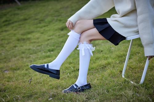 Image of AMHRLINGTO Women's Lace Ruffle Frilly Ankle Socks - Girl Cotton Knee High Socks with Bow Lace Ruffle Trim