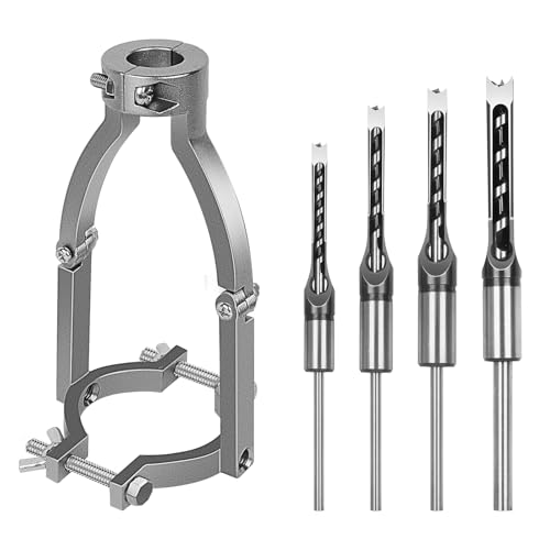 Square Hole Drill Bit Adapter with 4-Piece Square Hole Drill Bit Set Mortise and Tenon Jig Dual-Use Mortising Attachment for Drill Press & Hand Drill Mortising Machine Accessory