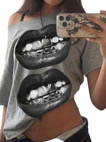 Image of SXV STYLE Casual Minimalist Lip Print Off-Shoulder Loose Short Sleeve T-Shirt