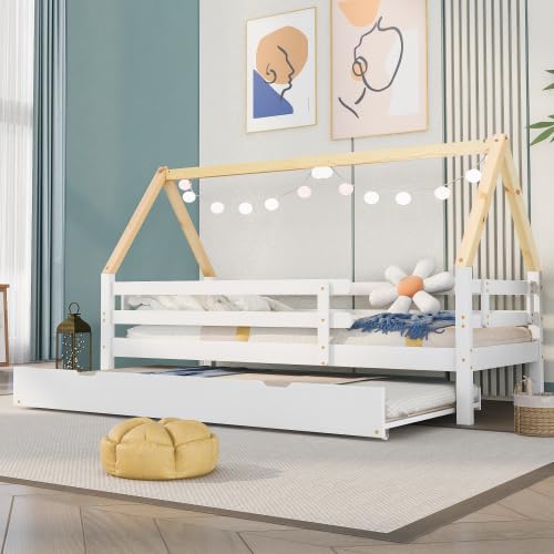 Merax Lit cabane pour enfant avec lit gigogne, lit coulissant avec roulettes, en bois massif, blanc et naturel, 90 x 200 cm et 90 x 190 cm