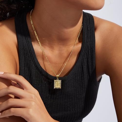 KissYan Cross Pendant Necklace for Women Men, 14K Gold Plated Square Faith Christian Figaro Chain Delicate Religious Jewelry Gifts3