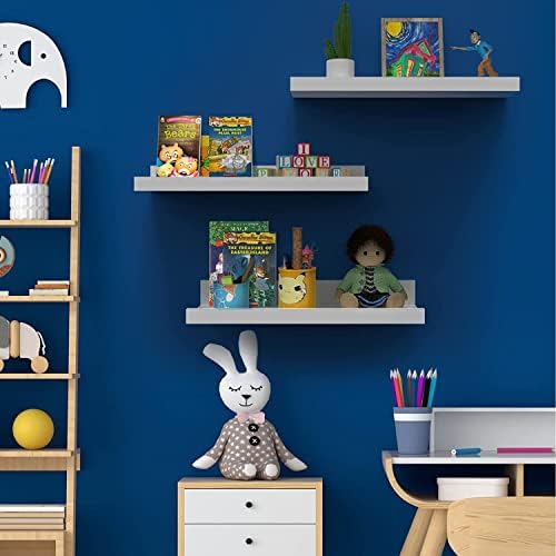 Nunemosk Set of 3 Floating Shelves Wood Wall Mounted Shelf Picture Ledge Display Racks Spice Racks Decorative Wall Shelves for Bedroom Living Room Kitchen Home Office (White Shelves)