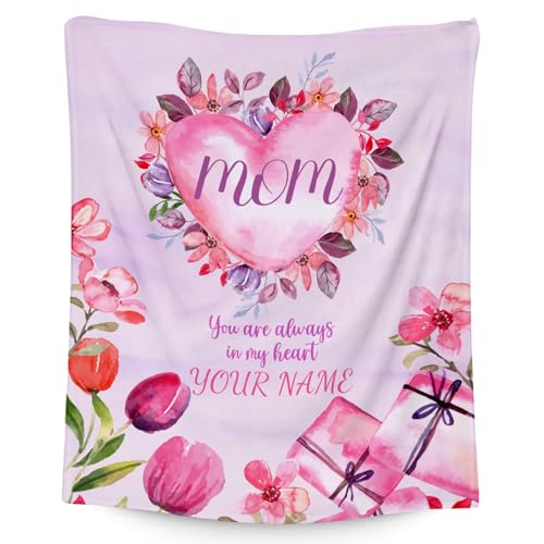Custom Gifts for Mom Mothers Day - Blanket with Heart and Flowers - 50x60 Inch Cozy Soft Throw Blankets to Mother's Gift