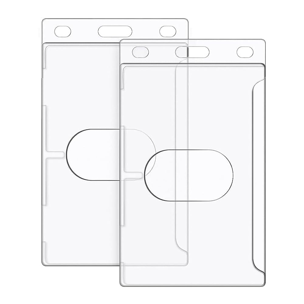 Hard Plastic Badge Holder, FadyRaye Clear ID Badge Name Card Holder with Easy Access Thumb Slot, Vertical Style, 2 Pack