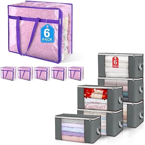 Budding Joy 6 Pack 90L Large Storage Bags and 6 Pack 40L Clear Zippered Storage Bags for Clothes Cover