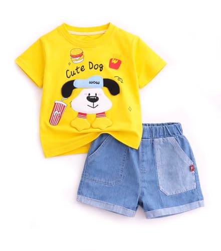 Image of Bold N Elegant Half Sleeve Pure Cotton Baby Boy Girl 3D Cartoon Smiley Animals T-Shirt with Denim Shorts Smart Casual Outfit for Infant Toddler Kids Upto 5 Years