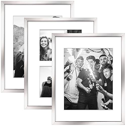 Artbyhannah 3 Pack 11X14 Inch Silver Picture Frame Sets For Wall Decor, Made To Display Photo 8X10 And 5X7 With Mat Or 11X14 Without Mat For Modern Gallery Wall Frame Set And Home Decoration #TOP15