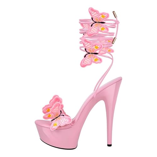 MissHeel Lace Up Butterfly Heels for Women Sexy Platform Pole Dancer Shoes Exotic High Heels Pink Stiletto Platform Tie Up Open Toe Sandals Party Club Size 8.5