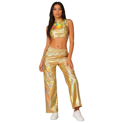Tenue de sport femme ensemble gilet scintillant et pantalon harem or pour fitness et danse L