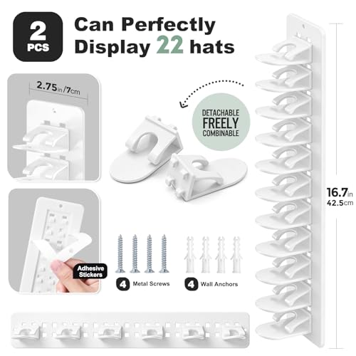 2 Pack Hat Organizer for Baseball Caps, Detachable DIY Hat Rack for Wall Hat Holder Hold up to 22 Hats, Baseball Cap Organizer Cap Holder Hat Hangers for Wall Closet Door Bedroom (C-White) - image 2