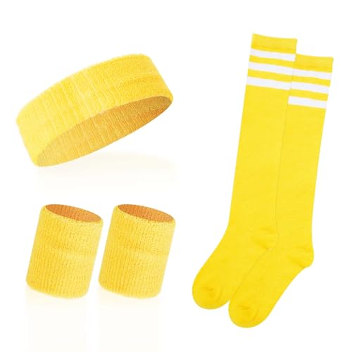 Sweatbands and Striped Socks Set Sports Headband for Men Women Wristbands High Tube Socks 80s Accessories Costumes for Halloween(White and Yellow)