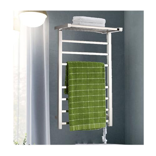 LYMGRZ Toallero eléctrico de Acero Inoxidable con 7 Barras, Plateado, con Enchufe a la Derecha, para baño, Calentador de Toallas de Pared con Estante Superior.
