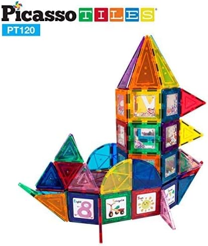 PicassoTiles 120pc Master Builder Magnetic Building Block Construction Set Toy Blocks with Ferris Wheel, Castle Click-in, 28 Educational Alphabet Animal and Number Graphic Card, Car Truck Windmill