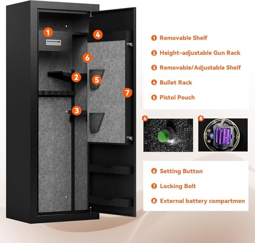 25 Biometric Gun Safe for Rifles and Pistols, Large Gun Cabinet for Home Rifle, Quick Access Gun Safe with Fingerprint, Removable Shelf & Pistol Pocket, No Assembly Required thumbnail 7