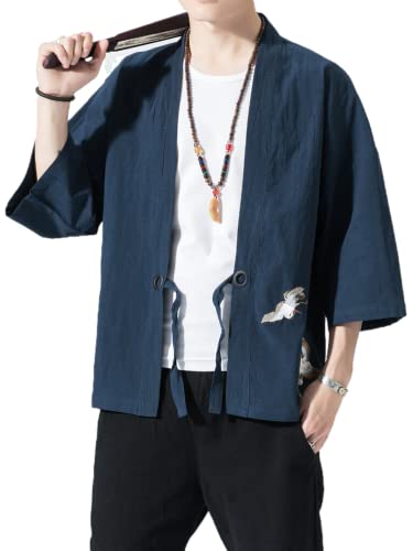 Image of Men's Japanese Kimono Cardigan Loose Cotton Linen 3 /4 Sleeve Open Front Casual Summer Shirt Jackets