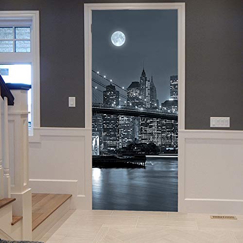 A.Monamour Sticker Porte Autocollant Poster de Porte 3D New York Brooklyn Bridge Manhattan Skyline At Night Monochrome Vinyle Affiche de Porte Sticker Mural...