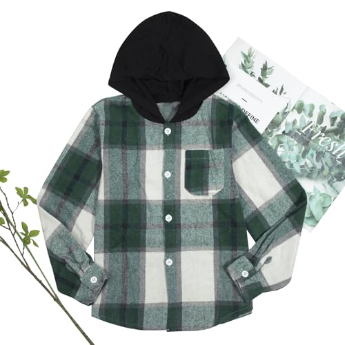 Image of Boys Girls Flannel Shirts Plaid Hoodies Fall Fashion Button Down Shirts | Long Sleeve Shirts Hooded Lightweight Jacket, Perfect for School Mornings, Leaf Piles,Camping, Bonfires, Weekend Adventures