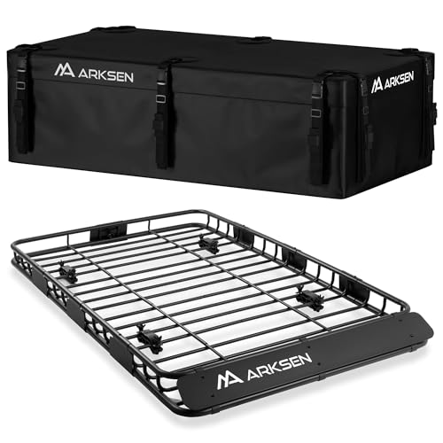Image of ARKSEN 64 inch x 39 inch Roof Rack Cargo Basket with Extension, 150 lbs Heavy Duty Rooftop Carrier, Car Top Luggage Holder for SUV Truck Car, Includes 21.5 Cu Ft Waterproof Cargo Bag for Travel Camping
