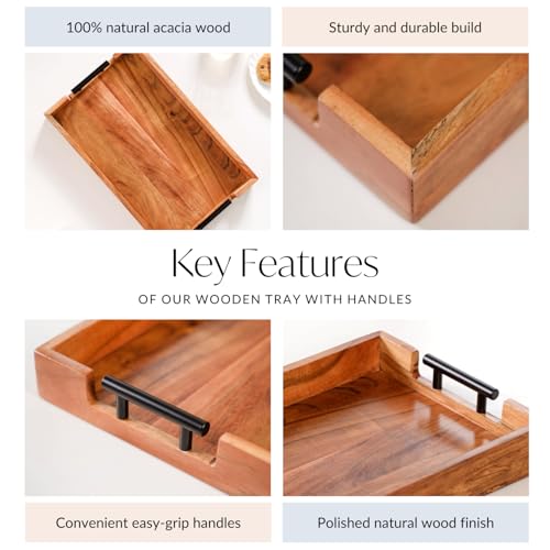Image of Nestasia Wooden Serving Tray with Handles | Acacia Wood Rectangular Rustic Brown Tray for Dining & Coffee Table | Platter for Serving Tea, Cakes, Snacks, Breakfast & Home Decor