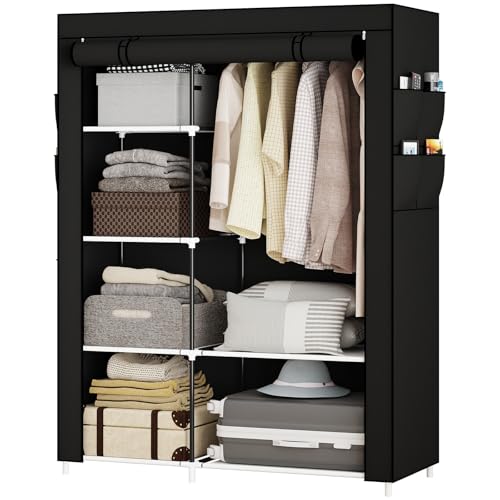 Image of OPPAIYA Canvas Wardrobe for Bedroom, Fabric wardrobes carries five storage boxes, one hanging rail and four side pockets, 105 x 45 x 165 cm, Pop up wardrobe, Great temporary wardrobes for bedroom