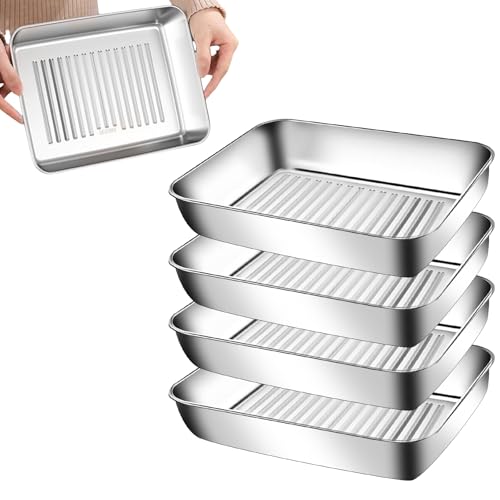 Bordeag – Juego de 4 bandejas de cocción de acero inoxidable, bandeja de acero inoxidable, 25 x 20 x 5,5 cm, cuencos para empanar, planos, rectangulares, juego de recipientes de acero inoxidable, para