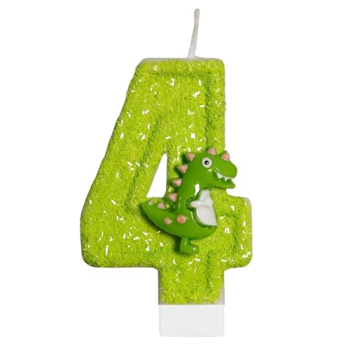 DazzJoy Dino Geburtstagskerzen Zahlen 4, Dino Kerze 4 Geburtstag Junge, Dinosaurier Geburtstagskerze 4 Jahre Jungen, Dino Tortendeko Geburtstag 4 Jahre Junge, Kerzen Zahlen 4 Gr&uuml;n(ca.7,2cm)
