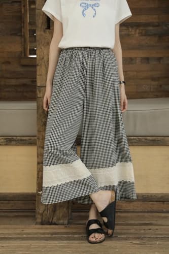 chouyatou Women's Elastic Waist Plaid Pants Lace Embroidery Patch Wide Leg Capri Palazzo Pants Gingham Culottes4