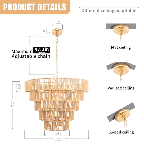 DORESshop 8-Light Boho Rattan Chandelier for Dining Room, 5-Tier Hand-Woven Brown Farmhouse Chandelier, Adjustable Height, Wicker Rattan Chandelier for Dining Room, Kitchen Island, Living Room, 25.6