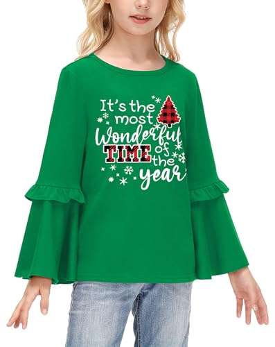 Image of BesserBay Girls Christmas Long Bell Sleeve Ruffle Tunic Top 4-12 Years