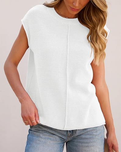 Oyamiki Stricken Pullunder Stilvoll Sommer Top Weiss Damen Weste Kappe Ärmel Leichtgewichtig Oberteil Elegant Cute Clothes S