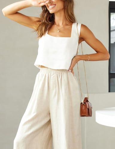 IDEALSANXUN Linen Crop Tank Tops for Women Summer Square Neck Sleeveless Casual Loose Cute Cotton Linen Tops4