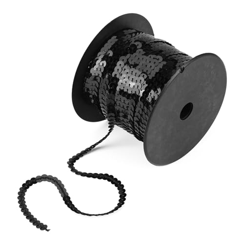 GOTOTOP 6mm Shiny Trim Sewing Strings Flat Round Sequins Line, DIY 100 Yards Flat Sequins String, Ideal for Clothes, Hair Accessories, About 100 Yards (Black)