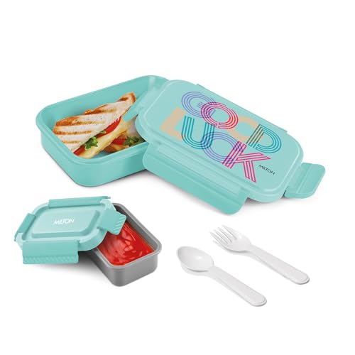 Image of MILTON Big Candy Tiffin Lunch Box for Kids Boys & Girls with Leak-Proof Inner Container| Food Grade,BPA Free,Compact & Durable Snacks Box for Kids I Plastic Spoon & Fork, 830 ml, Aqua Green
