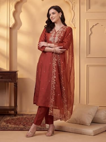 Image of INDO ERA Women's Silk Blend Floral Embroidered Thread Work Kurta & Pant with Dupatta Set (IEBBAI438)