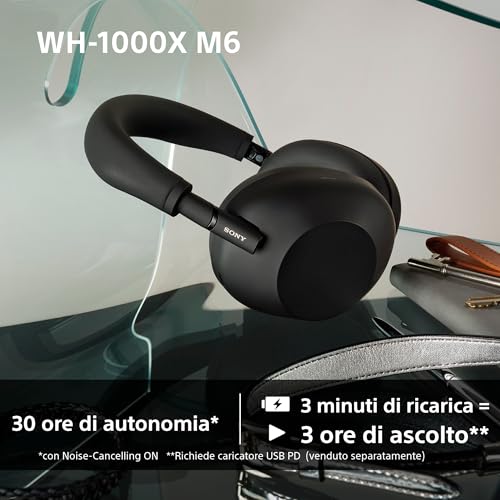 WH-1000XM6 Cuffie wireless Premium con cancellazione del rumore, audio Hi-Res, massimo comfort, design pieghevole, custodia resistente, batteria da 30 ore, iOS e Android - Black - Cuffia gaming - Immagine 6