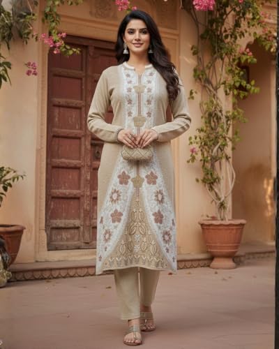 Image of KTI Full Sleeve Knee Length Floral Design Woolen Fabric 3 PC Kurti Set for Women Art NO-94164