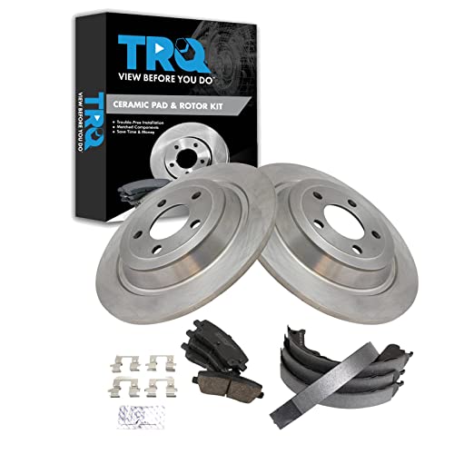 Image of TRQ Rear Brake Pad and Rotor Set Ceramic Parking Shoe Compatible with 2015-2020 Ford Mustang