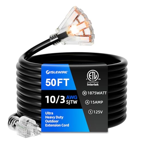50FT 10 Gauge Outdoor Extension Cord with Multiple Outlets, Heavy Duty Waterproof 3 Prong Power Cord...
