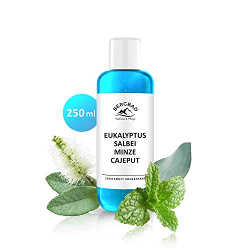 BERGBAD Saunaaufguss EUKALYPTUS MINZE SALBEI CAJEPUT 250ml, wohltuendes, erfrischendes Sauna-Aufgussmittel mit naturreinen ätherischen Ölen Cover