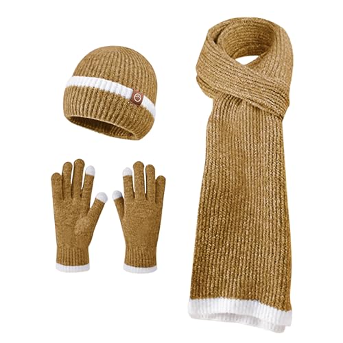 Beanie Hats for Women Beanie Hats Scarf Touchscreen Gloves Set Warm Knit Thick Fleece Lined Skull Cap Gifts for Women (Hat Scarf Gloves Set - Brown)