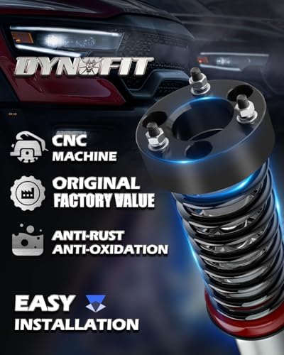 Image of Dynofit 3 Inch Front Leveling Lift Kit, Strut Spacers Compatible with 2006-2026 Dodge Ram 1500 4WD, 2005-2007 & 2009-2011 Dodge Dakota, 2006-2009 Mitsubishi Raider | Set of 2 Black Lift Spacers