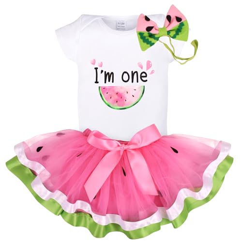Purtulle Watermelon Birthday Tutu Outfit Baby Girls 1st Cotton Romper+Tutu Skirt+Headband Fruit Cake Smash Photoshoot Outfit (Watermelon, 12-18 months)