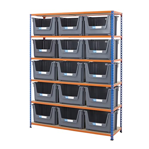 BiGDUG Stacking Storage Bins Shelving Kit - 10x 50L Grey Plastic Pick Bins - 198h x 122w x 45.5d cm Blue & Orange Shelving Unit - Up to 200kg UDL Per Shelf - Open Front for Easy Picking