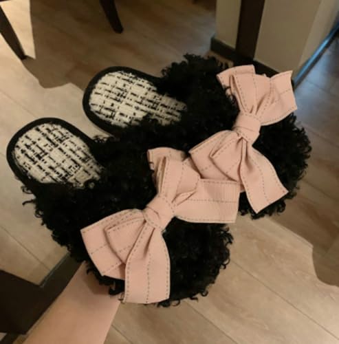 Epsion Plush Cute Bow Slippers for Women Furry Comfy Indoor Outdoor Non-Slip House Slippers Memory Foam Warm Winter Shoes3